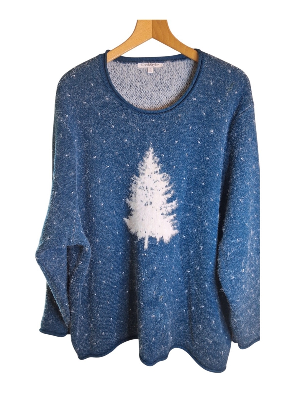 NorthStyle Blue/Teal Knit Sweater with White Tree Motif Sz 3X
